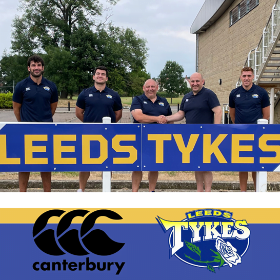 Members of Leeds Tykes staff and players with Hardgear Sales Director Andrew Bairstow with Canterbury and Leeds Tykes logos