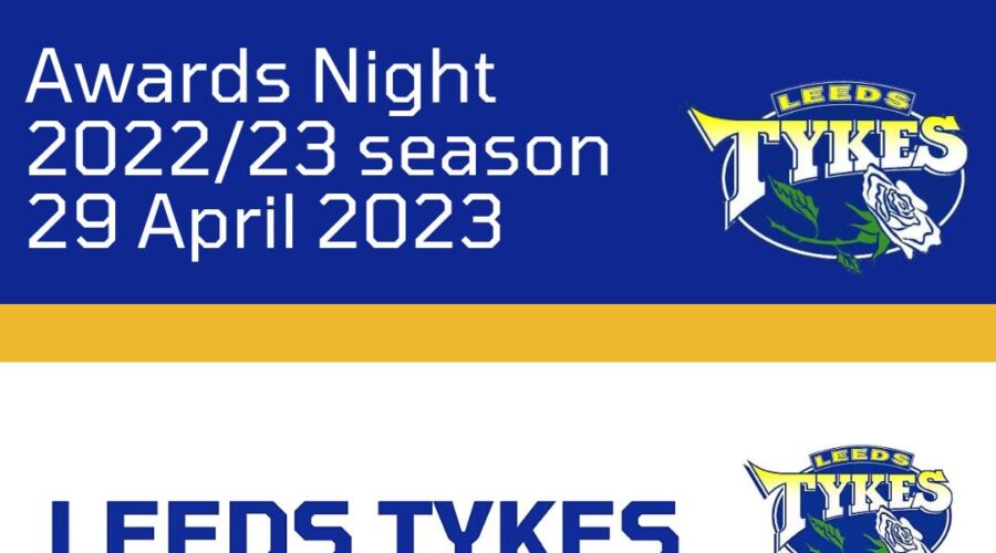 2022/23 End of Season Awards Night 29 April 2023 Leeds Tykes logos and Caddick construction, Schofield Money, Ventur Travel logos
