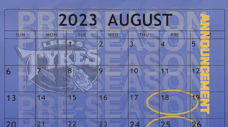 Announcement, Leeds Tykes pre-season matches Image of August 2023 with 18 and 25 circled