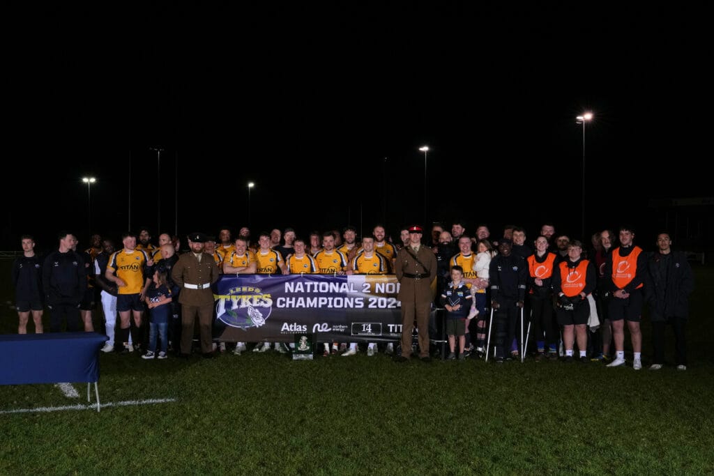 The Leeds Tykes squad with members of the Yorkshire Regiment - 2024/25 season winners