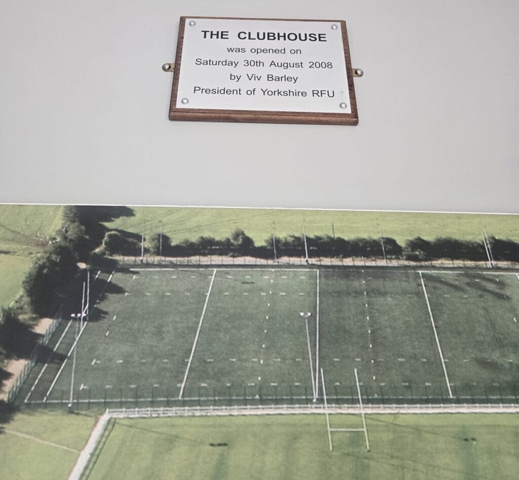 Plaque for the opening of The Sycamores Clubhouse by Viv Barley on 30 August 2008, Presient of Yorkshire RFU